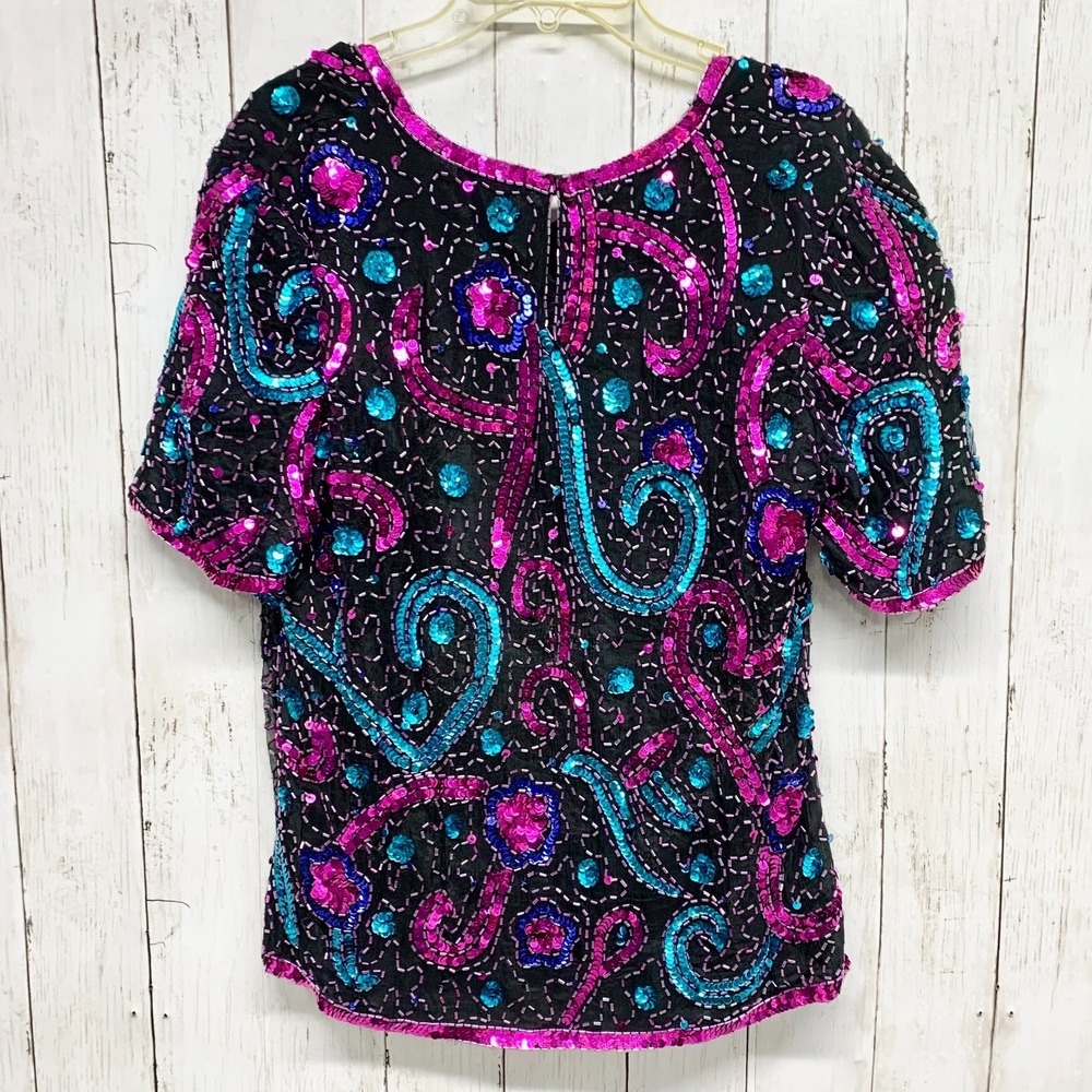 Mark & John by Gopal Sequin Top Womens L Black Pink Beaded Silk Vintage Evening